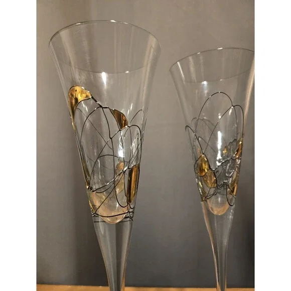 2 Romania Milano Crystal Gold & Black Champagne Flutes Wine Glasses, 11
