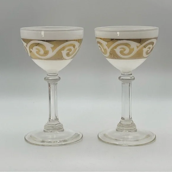 Vintage MCM Set of 2 Cocktail Glasses White & Gold Scroll Coupe Sherbet Baroque