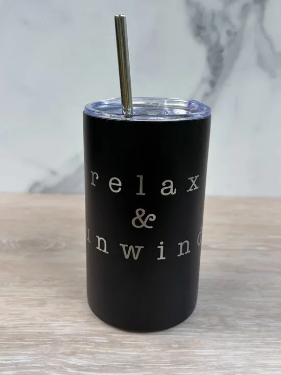 Relax & Unwind Tumbler 12 oz Black Stainless Steel Insulated Travel Coffee Mug