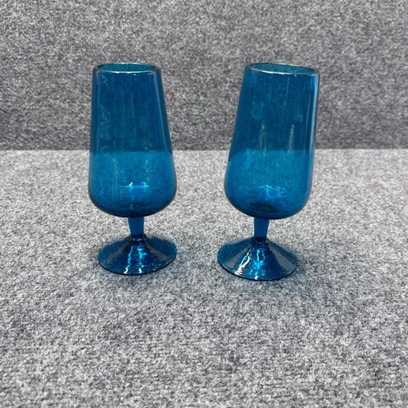Handcrafted Bubble Glass Goblet Teal Blue Seeded Mid Century Coastal Boho 2 Pcs