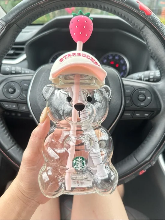 Starbucks Clear Bear Cup with Pink Strawberry Straw and Pink Cap