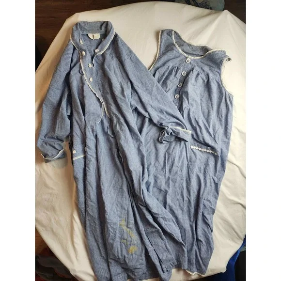 Miss Elaine Robe Nightgown Set Womens Large Blue Gingham 2-Piece Set Lightweight