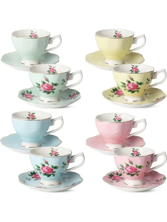 Floral Teacup Set of 8 | Fine Porcelain, Gold Trim, Dishwasher Safe, Perfect for