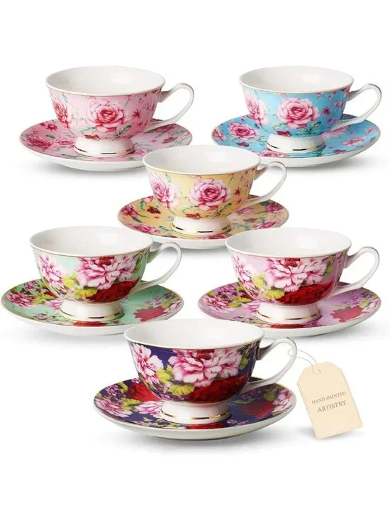 Floral Porcelain Tea Cups & Saucers Set of 6 | 8 oz, Gold Trim, Dishwasher Safe