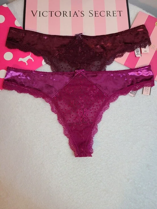 Retired VS Dream Angels 2pk Crushed Velvet & Lace Thong Panties Size M