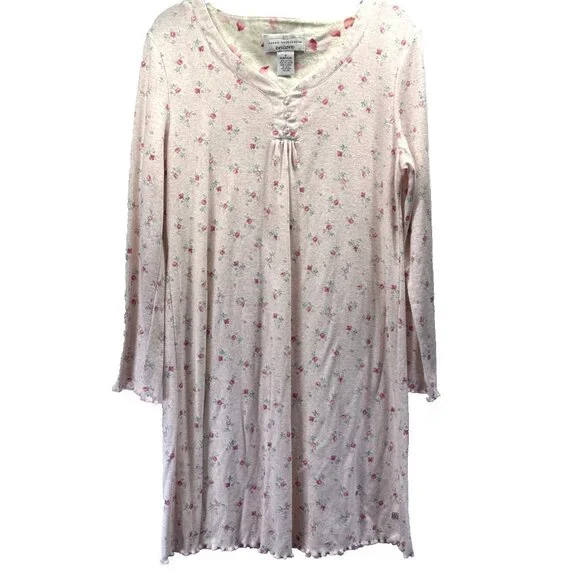 Karen Neuburger Encore Nightgown S‎ Pink Green Soft Cotton Blend Long Sleeve