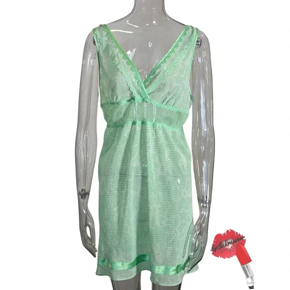 Y2K‎ Vintage Victoria's Secret Teddy Slip Dress Women Large Green Sheer Lingerie