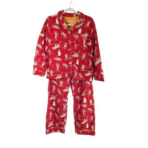 Nick &‎ Nora Flannel Pajama Set Womens S Red Sock Monkey Christmas Winter