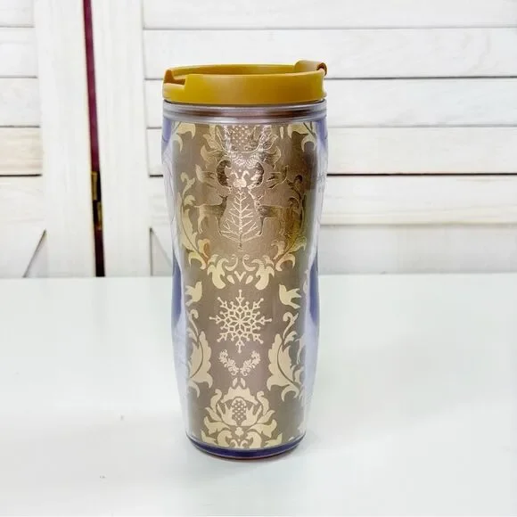 Starbucks 2008 Winter Holiday‎ Gold Foil Reindeer Acrylic Travel Tumbler 12oz