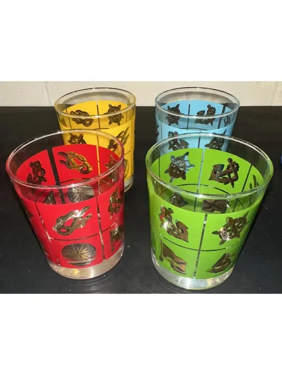4 Vtg MCM Blue, Yellow, Red & Green Nautical Ship Whiskey Rocks Glasses France