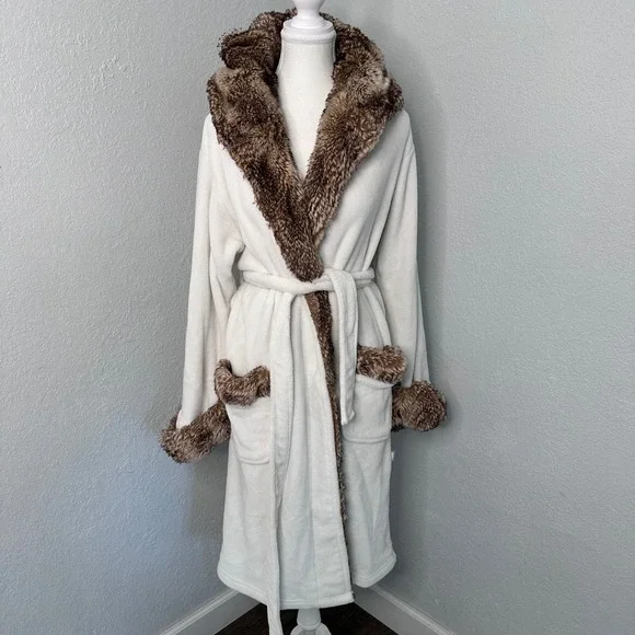 Potterybarn‎ Womens Cream Fleece Hooded Robe Faux Fur Trim Medium