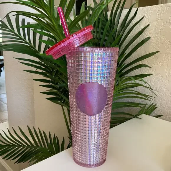 Starbucks Spring 2023 Iridescent Pink Grid Cold Tumbler 24 oz