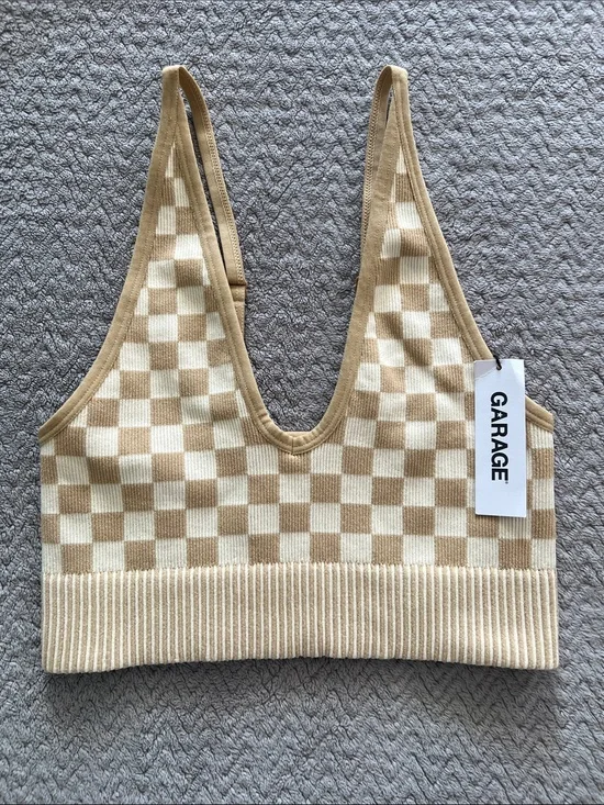 NWT Garage Summer Seamless Deep Plunge Tan Checkered Cami Bralette Size Small
