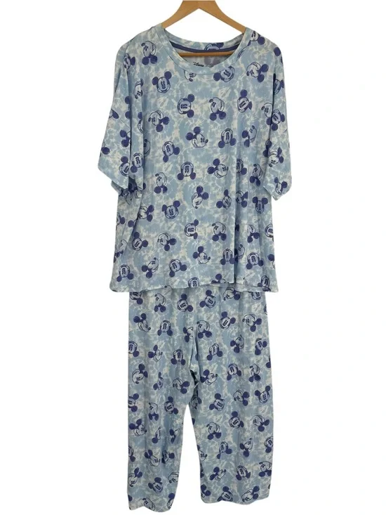 Disney Mickey Mouse Two Piece Pajama Set Size 1X Blue Jersey Knit Short Sleeves