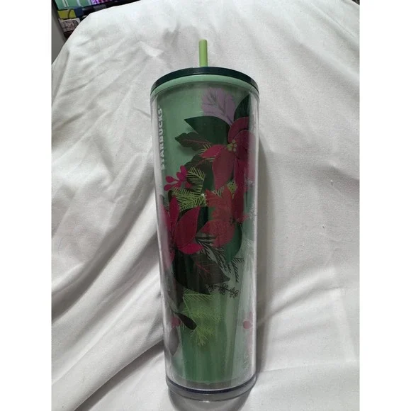 Starbucks Holiday Poinsettia Cold Cup Tumbler Venti 24oz Green Pink Floral 2021