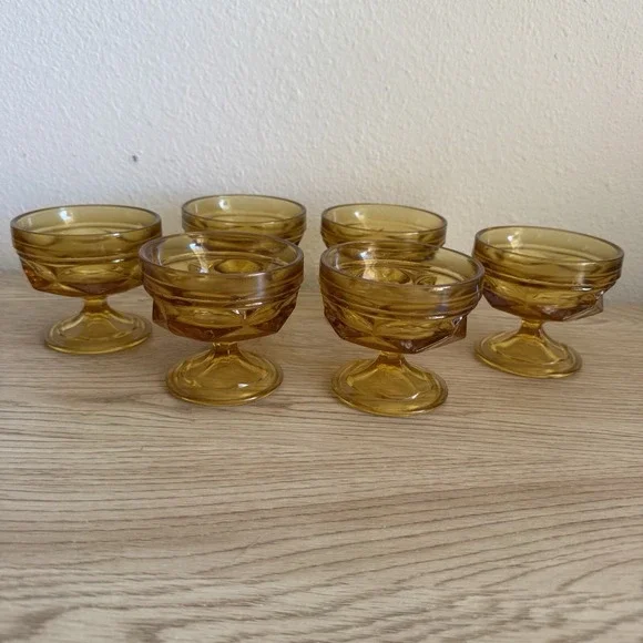6 Anchor Hocking Fairfield Amber Low Sherbet Set Vintage Honey Gold Stemware Lot