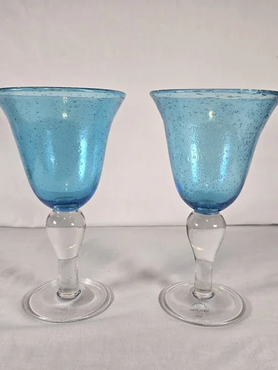Artland Iris Handcrafted Bubble Water Wine Goblet Turquoise Set of 2 Hand Blown