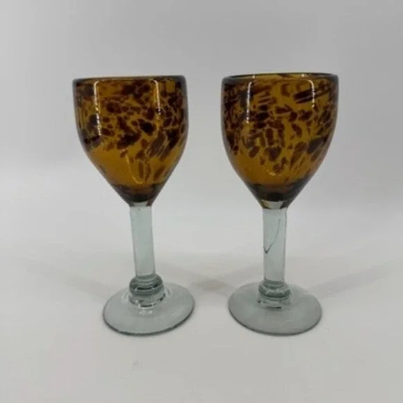 Set of 2 Amber Tortoise Shell Hand Blown Glass Wine Goblets Leopard Spotted 7.5