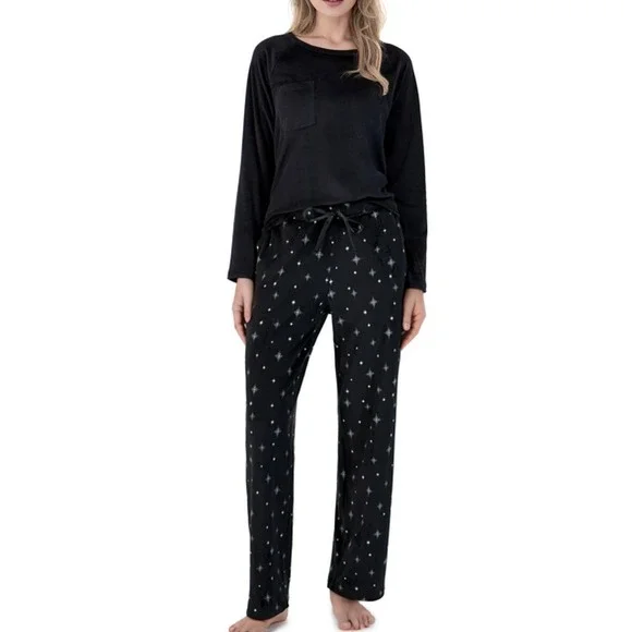 Charter Club Women 2pc Velour Pajama Set Black XL Starburst Twinkle Cozy PJs NWT