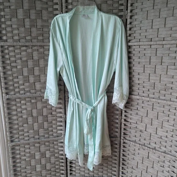Mint Green Lace Trim Long Sleeve‎ Robe Satin Lingerie Womens OS Coquette Budoir