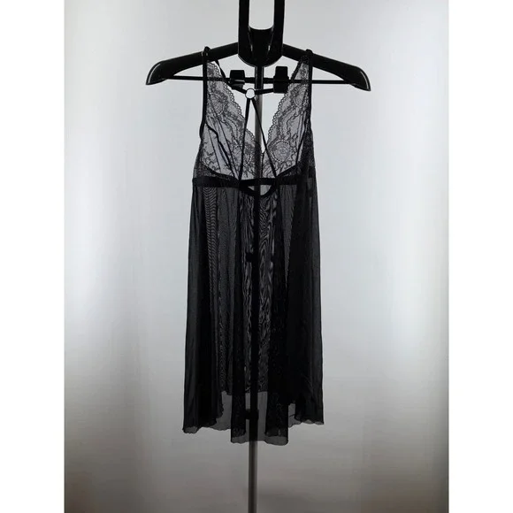 Hanky Panky Black Mesh Lace Babydoll Chemise Gold Metallic High Low Lingerie L L