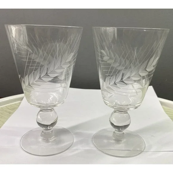 2 Libby Ball Stem Pilsner Drinking Glasses Vtg Etched Glass Wheat Pattern 6