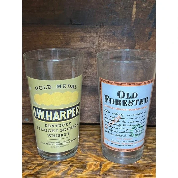 Vintage IW Harper & Old Forester Bourbon Whiskey Glasses Set of 2 France Barware