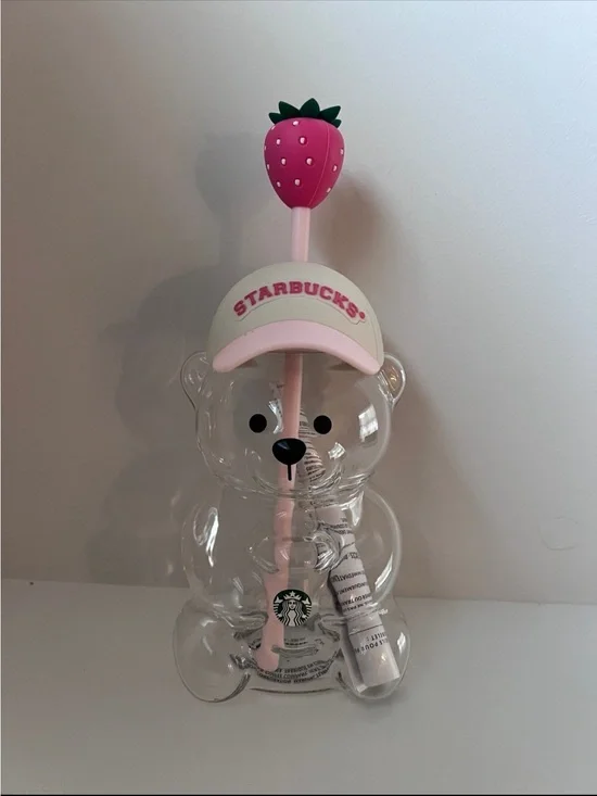 Starbucks Kids Clear Bear Cup with Pink Straw & Strawberry Top