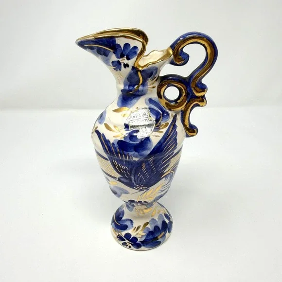 Hubert Bequet‎ Bird of Paradise Pitcher Blue Gold Quaregnon 7 Inch