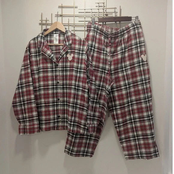 Disney Mickey Mouse Classic Plaid Pajama Set‎ Women's Sz 1X 100% Organic Cotton