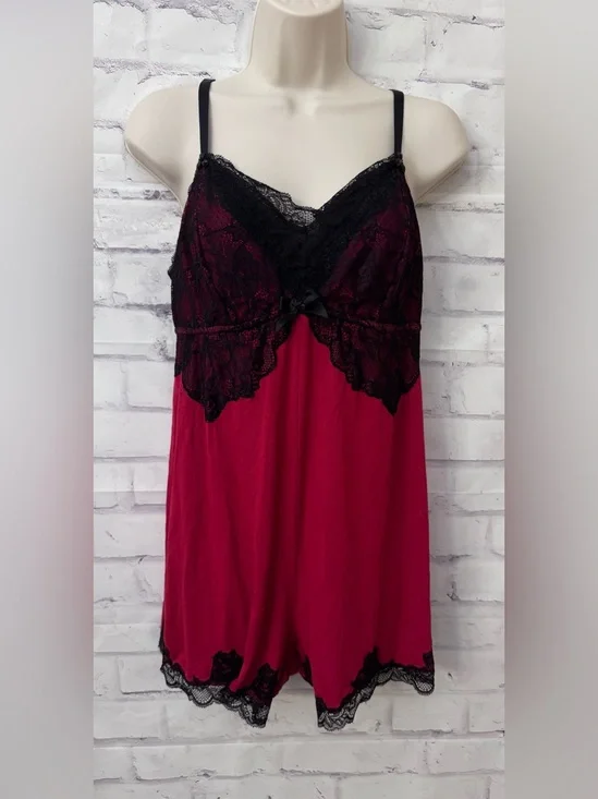 Soma‎ Romper Pajama StretchLounge Comfort Sexy Red Black Lace Size Medium