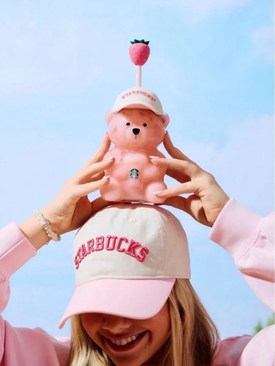 Starbucks Pink Bear Straw Cup with Strawberry Top