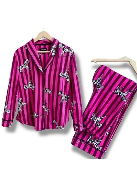 Room Service Pink Zebra Print Pajama Set Notch Collar Top