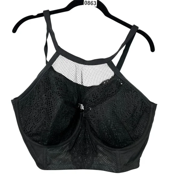 Cacique Bra 42DDD Lightly Lined French Balconette‎ Black Underwire Mesh Romantic