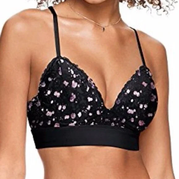 PINK Victoria's Secret Bralette Women Small Black Purple‎ Lace Floral Racerback