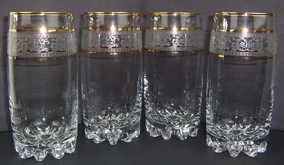 Vintage Paloma Gold & Lace Crystal Highball Glasses Set of 4 Hand Decorated