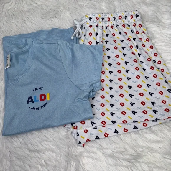 ALDI Pajama Set ~ Women’s Large ~ Serra Brand ~ Shorts & T-Shirt‎ ~ Blue White