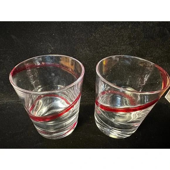 Set of 2 Hand Blown Clear Glass Tumblers with Red‎ Swirl Ribbon Design Barware