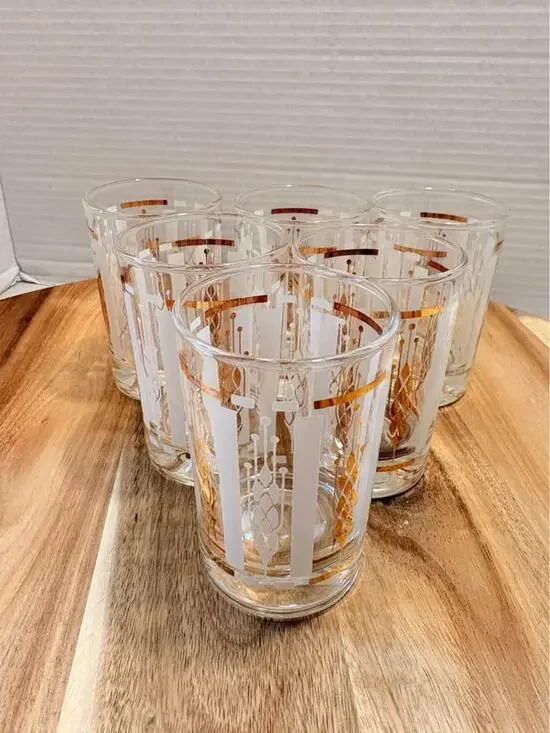 Set of 6 Vintage White Gold Wheat Pattern Tumblers Glasses