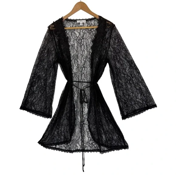 In Bloom by Jonquil Black Lace Short Robe Sheer Floral Kimono Wrap‎ Sexy Sz M-L
