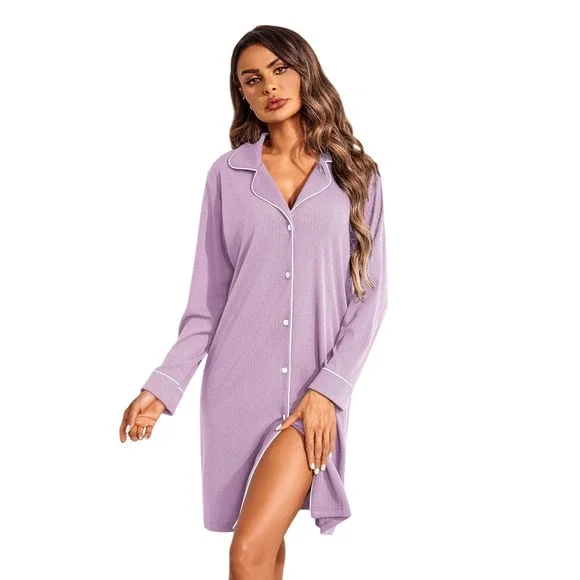 JAER‎ Women's Lavender Button Front Nightgown Long Sleeve Pajama Dress L