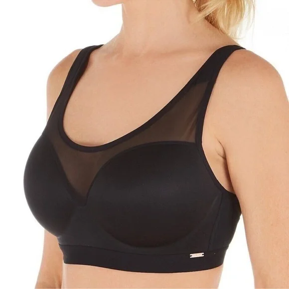 Le Mystere Womens Wireless Mesh Trim Sheer Illusion Sports Bra‎ Black 34DD/E