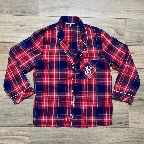 Victoria's Secret Womens Plaid Long Sleeve‎ Button Up Pajama Top Size Medium