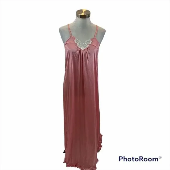Ladies Vintage Berkleigh‎ Juniors Pink Maxi Length Nightgown Lace V Front Small