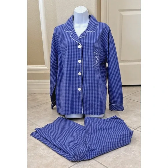 VTG Victoria's Secret Pajama Set Blue Plaid Sz L Long Sleeve Y2K 1999 Monogram