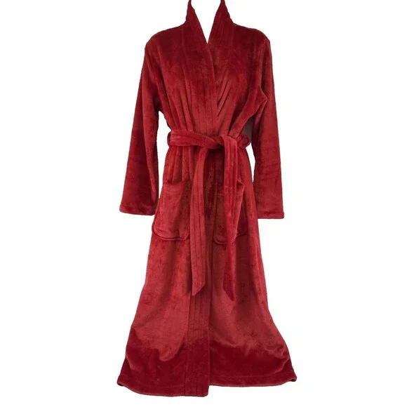 Lands End Cozy Plush Long Wrap Robe Belt Red Patch Pockets Soft Womens XS‎ 2-4