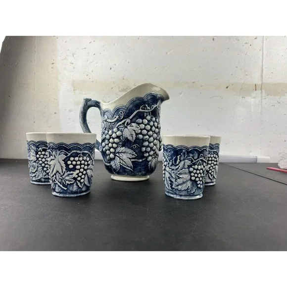 Arnel's Pottery Grapevine Pitcher and 4 cups blue 1970s‎ cottagecore signed