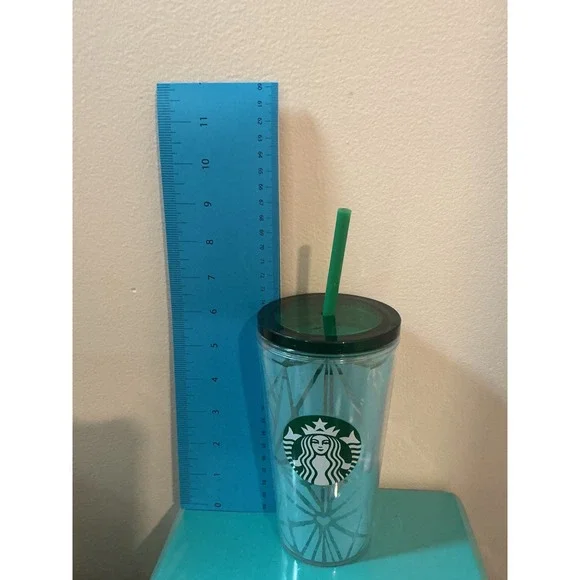 Starbucks Teal Mint Green Geometric Frosted Double Wall‎ Cold Cup Tumbler 16oz