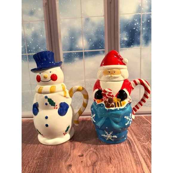 🎄 Temptations Santa & Snowman Tall Lidded Mugs – Perfect for Hot Chocolate!‎