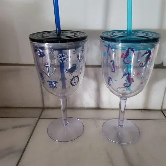 Coastal Drinkware,  wine cups with lids and straws